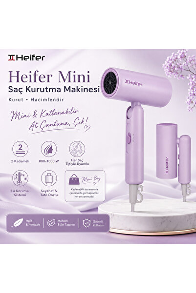 Heifer Lila Lady Mini Katlanabilir Saç Kurutma Makinesi 800-1000W & At Çantana