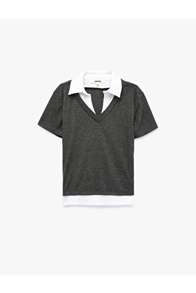 Koton Double Fabric Layered Slim Fit Short Sleeve Shirt Detailed T-Shirt