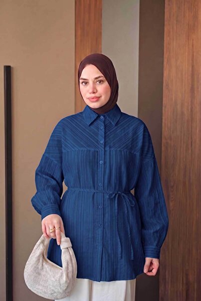 LOCCO Women's Asymmetrical Striped Shirt Navy Blue