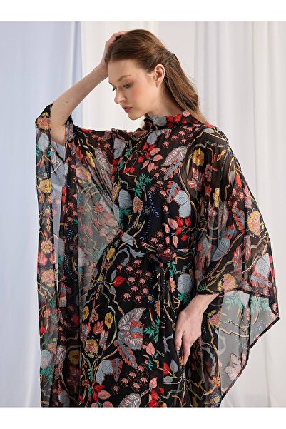Generic Brand Rochie kaftan neagră cu imprimeu auriu, lurex, și curea