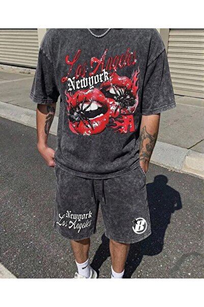 LAND MODA Men's Street Style Graphic Tee and Shorts Set, Stretchy Washed Blac...