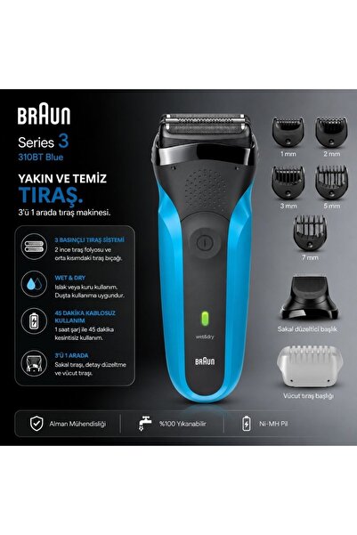 Braun Elektrikli Sakal Şekillendirici ve Tıraş Makinesi 310BT Mat Siyah Islak...