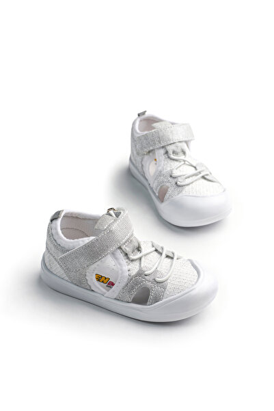Tonny Black Girl's White Silver Glittery Velcro First Step Shoes