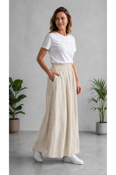 Banadamoda Women's Strawberry Fabric Wide-Cut Maxi Skirt with Pockets and Elastic Waist