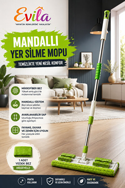 Evila Mandallı Yer Silme Mopu Mikrofiber Bezli Ayarlanabilir Saplı Zemin Faya...