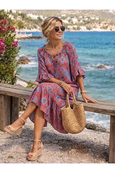Flubutik Dokuma Viskon Pamuk Kol Eteği Fırfır Elbise SpringBreeze