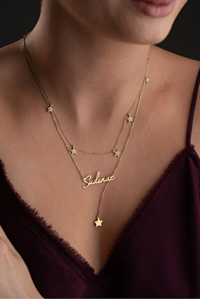 beonejewelry 925 Ayar Gümüş Kişiye Özel Çift zincirli Taşlı Yıldız Detaylı İs...
