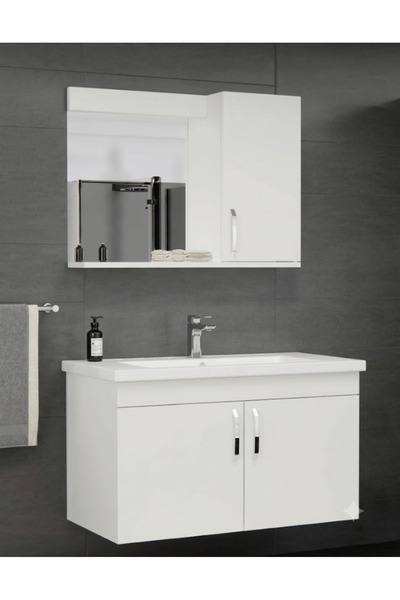 ÜMİTAVM 80 cm Parlak Beyaz Asma Banyo Dolabı Takımı Seramik Lavabolu ve Aynalı
