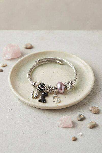 deluxe takı ve giyim Silver Color Bracelet with Black Dinosaur Model Charm