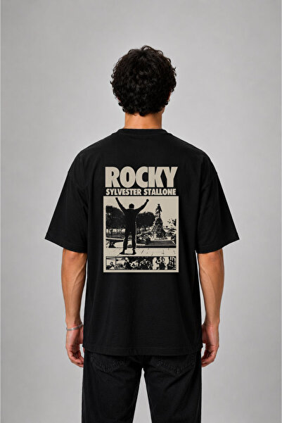 cesita Rocky Printed Oversize Cotton Black T-Shirt
