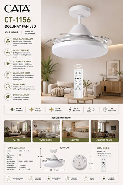 Cata CT-1156 3 RENK YANMALI DOLUNAY FAN LED IŞIKLI HAYALET PERVANELİ TAVAN VA...