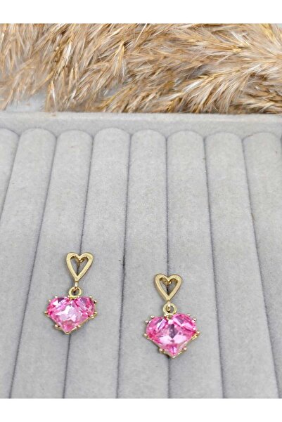 ZEYKU ACCESSORİES Gold Pink Heart Stone Dangle Earrings - Romantic Women's Ea...