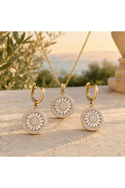 Shinestar atelier Güneş Işıltısı Baget Zirkon Taşlı Gold Renk Kadın Takı Seti...