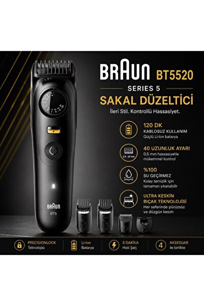 Braun Sakal Düzeltici Series 5, +4 Aksesuar, 40 Uzunluk, Keskin Bıçak, BT5520