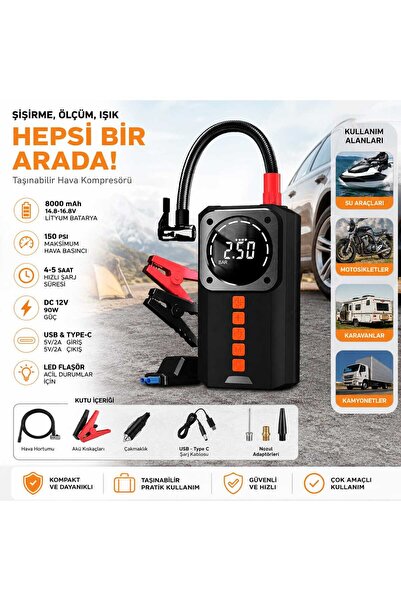 Taşınabilir Akülü Hava Kompresörü 8000 mAh 150 PSI Dijital Göstergeli – Araç Lastik Şişirme, Powerbank ve LED Fener Özellikli