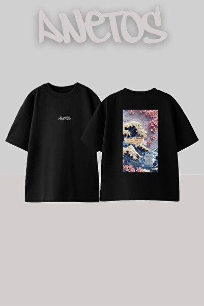 Anetos Wave Relief Design Back-Printed Cotton Black Oversized T-Shirt