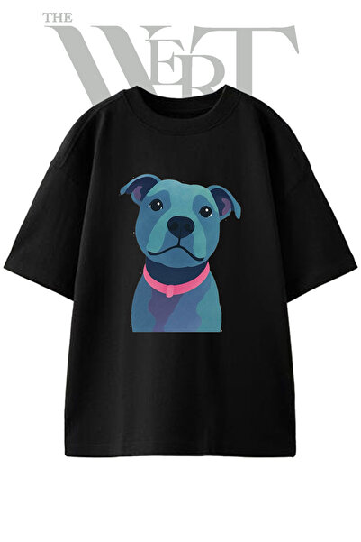 THEWERT Blue Pit Bull Design Printed Unisex Black Oversize T-Shirt