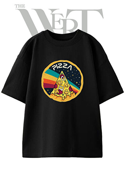THEWERT Μπλουζάκι Pizza Uzay Design με στάμπα Unisex Μαύρο Oversize