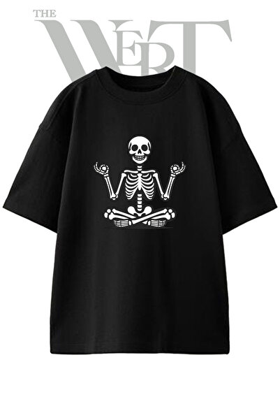 THEWERT Tricou oversize negru unisex cu imprimeu Skeleton Yoga Design