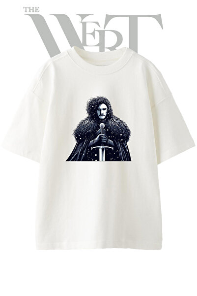 THEWERT Tricou supradimensionat alb unisex cu imprimeu Jon Snow Design