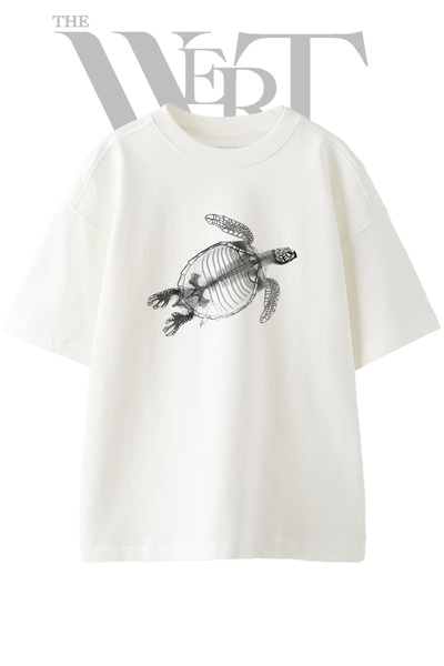 THEWERT Turtle Skeleton Design Printed Unisex White Oversize T-Shirt