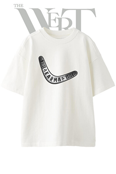 THEWERT Boomerang Karma Design Printed Unisex White Oversize T-Shirt