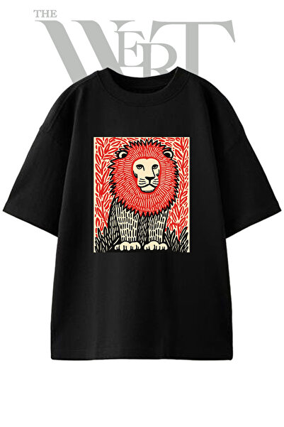 THEWERT Μπλουζάκι Unisex Μαύρο Oversize με στάμπα Ξυλογραφίας Λιοντάρι