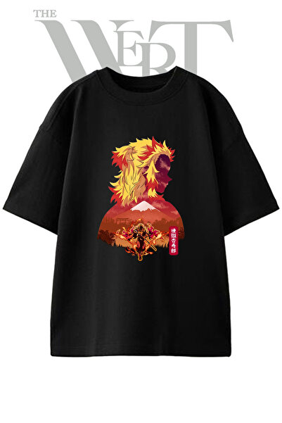 THEWERT Μπλουζάκι Rengoku Kyojuro με στάμπα σχεδίου, Unisex, μαύρο, oversized