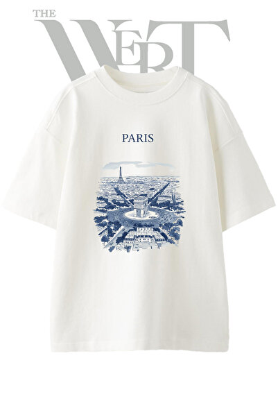 THEWERT Paris Eiffel Design Printed Unisex White Oversize T-Shirt