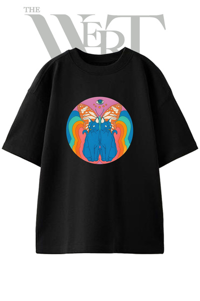 THEWERT Μπλουζάκι Unisex με σχέδιο Cat Butterfly, μαύρο, oversize