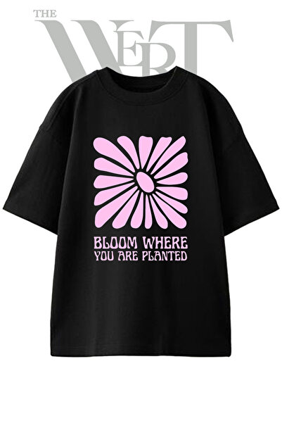 THEWERT Retro Daisy Design Printed Unisex Black Oversize T-Shirt