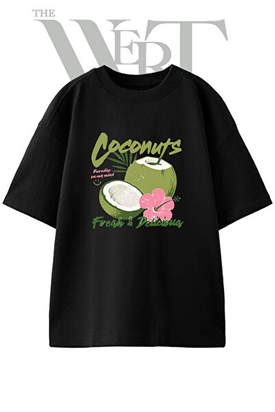 THEWERT Μπλουζάκι Unisex Μαύρο Oversize με σχέδιο Coconut Hibiscus