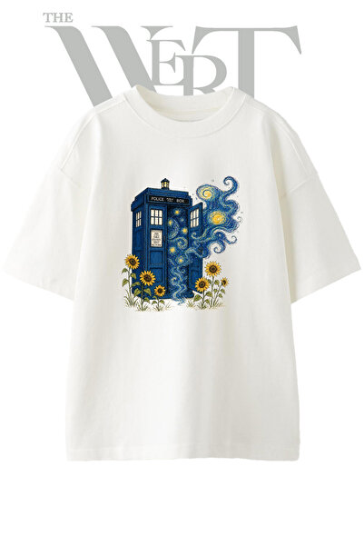 THEWERT تي شيرت أبيض كبير الحجم مطبوع بتصميم TARDIS Starry Night للجنسين
