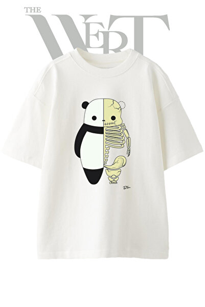 THEWERT Tricou oversize alb unisex cu imprimeu Panda Skeleton Design