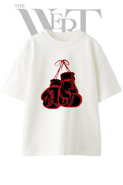 THEWERT Boks Glove_1 Tricou supradimensionat alb unisex cu imprimeu