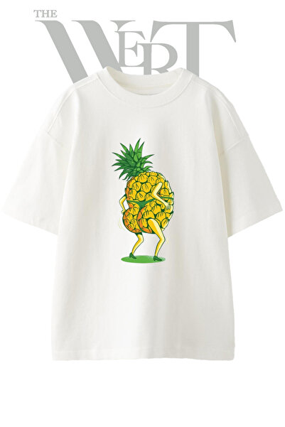 THEWERT Dancing Pineapple Design Printed Unisex White Oversize T-Shirt