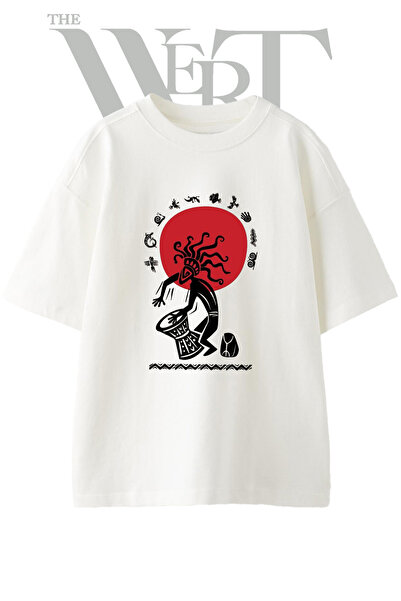 THEWERT Tribal Drummer Design Printed Unisex White Oversize T-Shirt