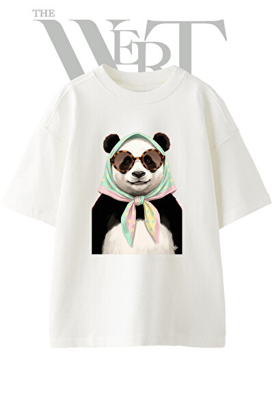THEWERT Panda šal, naočare, dizajn, štampana unisex bela majica prevelikog kroja