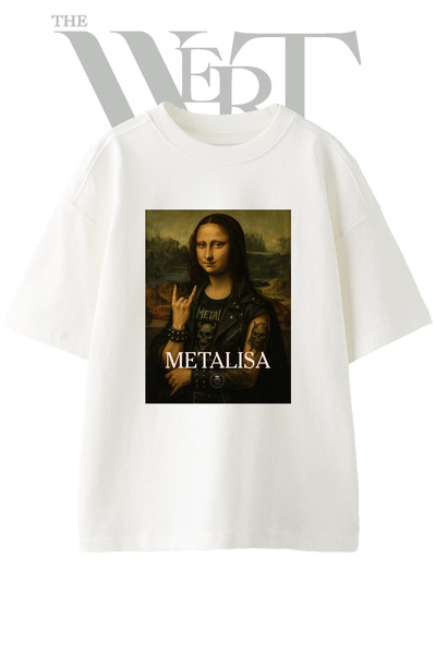 THEWERT Metalisa Design Printed Unisex White Oversize T-Shirt