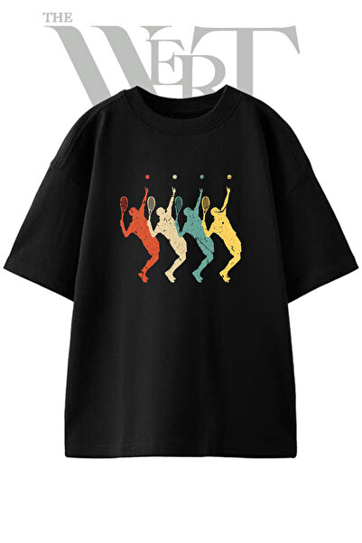 THEWERT Vintage Tennis Design Printed Unisex Black Oversize T-Shirt