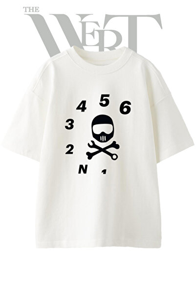 THEWERT Μπλουζάκι Unisex Λευκό Oversize με στάμπα Mechanical Skull Design