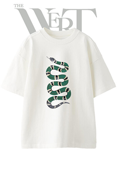 THEWERT Tricou oversize alb unisex cu imprimeu Yilan Design cu dungi verzi