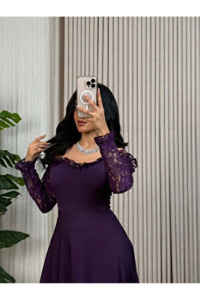 forbax Burgundy off-shoulder dress with lace sleeves