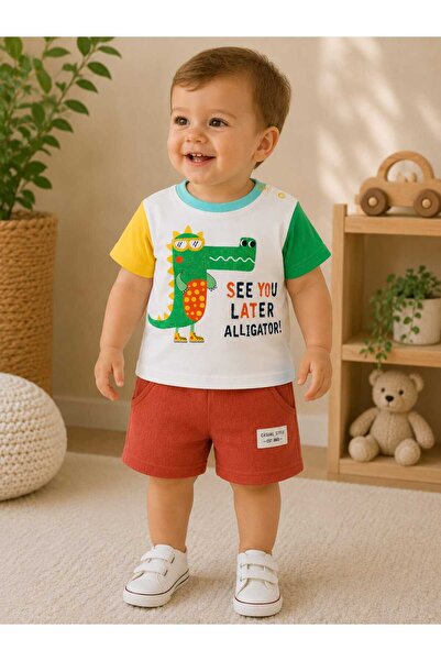 krm kerem bebe 100% Cotton Pocketed Dinosaur Printed Double Baby Set with Sna...