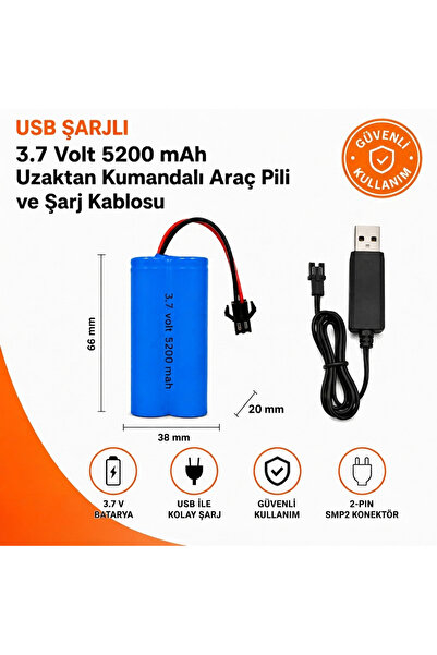 MAMSHOP ORION 3.7V 5200mAh RC Oyuncak Araba Pili – SM-2P Soket ve Yanında USB...