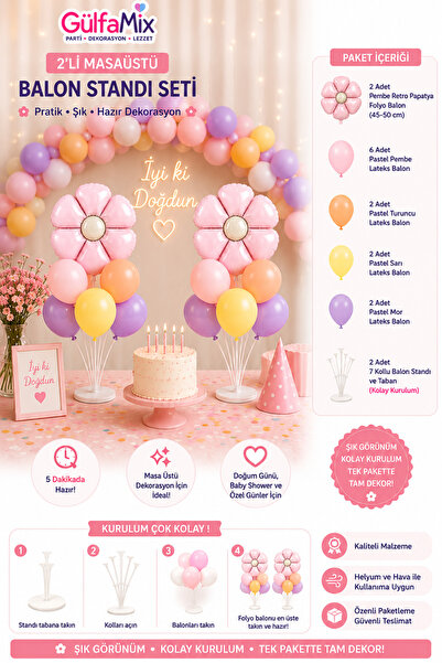 Gülfa Giftbox Pembe Papatya Figürlü Ayaklı Balon Standı Seti 2'li | Retro Pap...