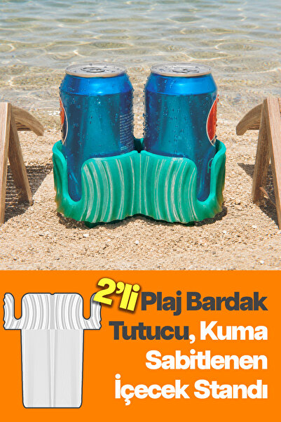2'li Plaj Bardak Tutucu | Kuma Sabitlenen İçecek Standı | 2 Kişilik Kamp ve Sahil Bardak Haznesi