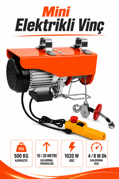 Badem10 Mini Elektrikli Vinç Caraskal 250/500 Kg 1020 Watt 20 Metre Çelik Hal...