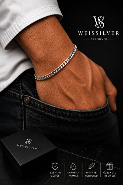 WeisSilver 925 Ayar Gümüş 4mm Old Money Gurmet Model Erkek Bileklik Künye –Gümüş Erkek Bileklik 17+5 cm