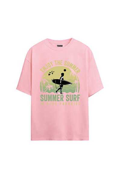 Summer Surf Baskılı PREMİUM Bisiklet Yaka %100 Pamuk kısa kollu Oversize Tshirt E-02